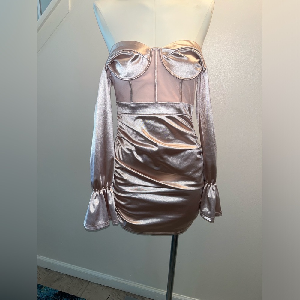 PrettyLittleThing Dusty Pink Bardot Satin Mesh Insert Dress Size 6
